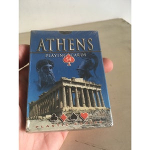 Baraja de recuerdo de Atenas Grecia de naipes fotográficos. Cartas de póquer recubiertas de plástico sin usar en estuche.