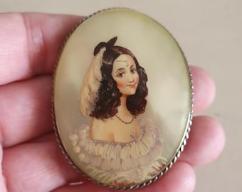 Vintage or Antique Hand-Painted Portrait on Pearl & Silver Brooch with Ornate Detail - Signed A. Fedoskino, 19th Century Style Russian Pin.