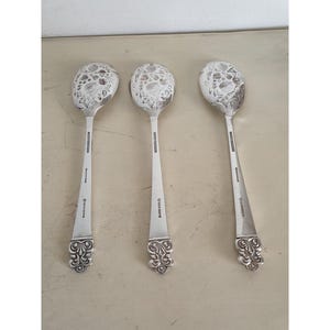 Vintage Sheffield England Silverplate Fruit Pattern Salad, 2 spoons and 1 Slotted Fork, 3 Piece Serving Set – Ornate Handles – Circa 1950s.