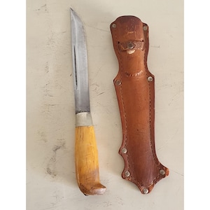 Vintage Scandinavian Utility Knife with Engraved Blade, Wood Handle, Leather Sheath - 25 cm - Handcrafted Collectible Knife.