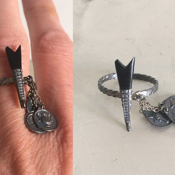 Silver Knife and Medals Miniatures Ring. Cretan Knife & Minoan Symbols Medal Pendants, Burnished Sterling Silver Ring with Open Band.