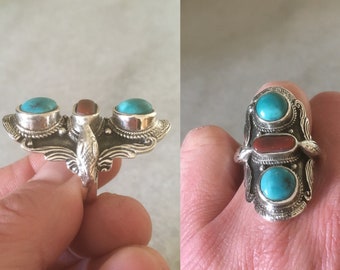 Tibetan Turquoise & Coral Sterling Silver Half Finger Ring. Oversized Long Vintage Ring for Ladies. Snake Band Ring.