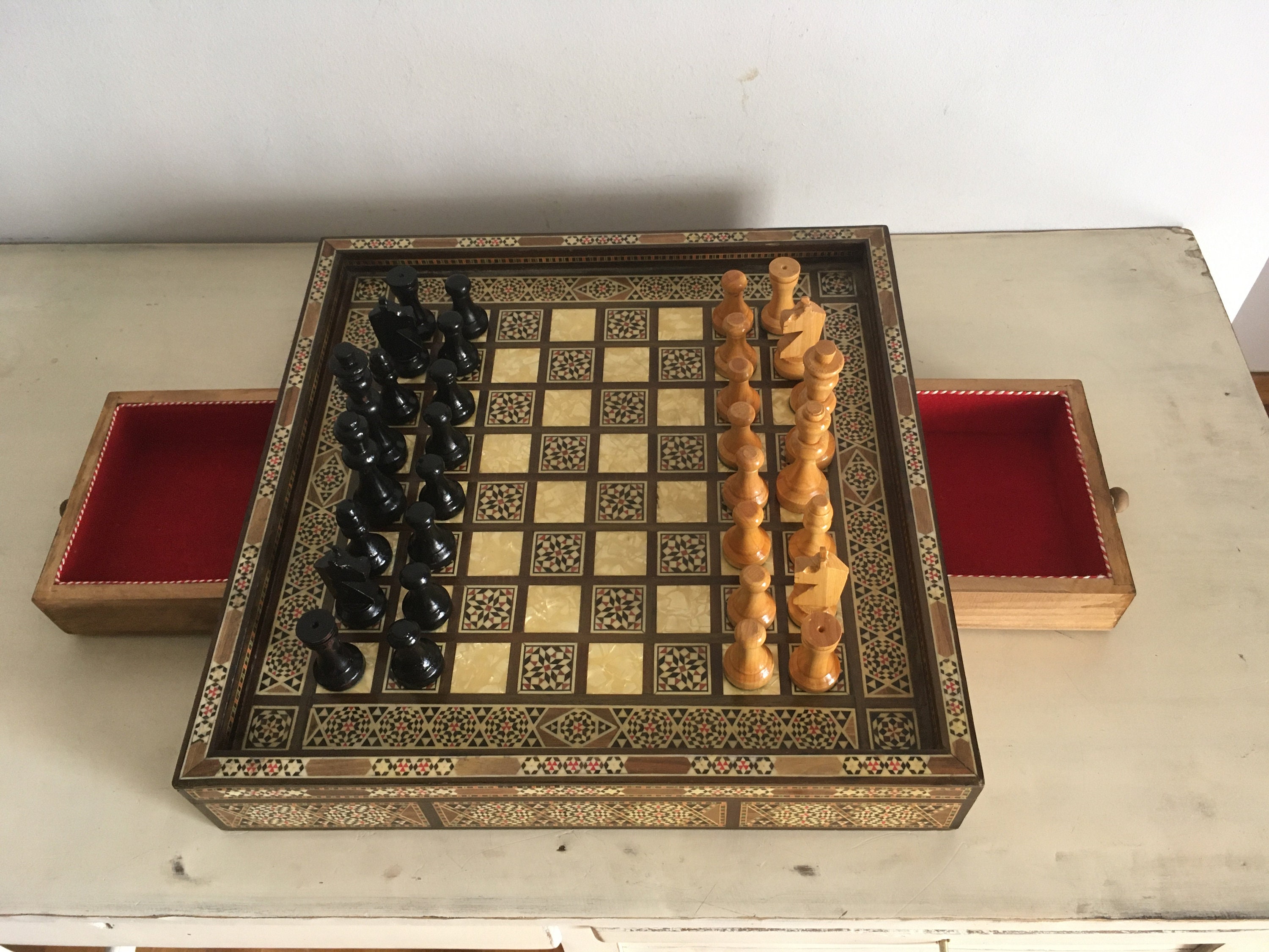 Big Walnut Wood Chess Set with 2 drawers 19.3inch Unique chess