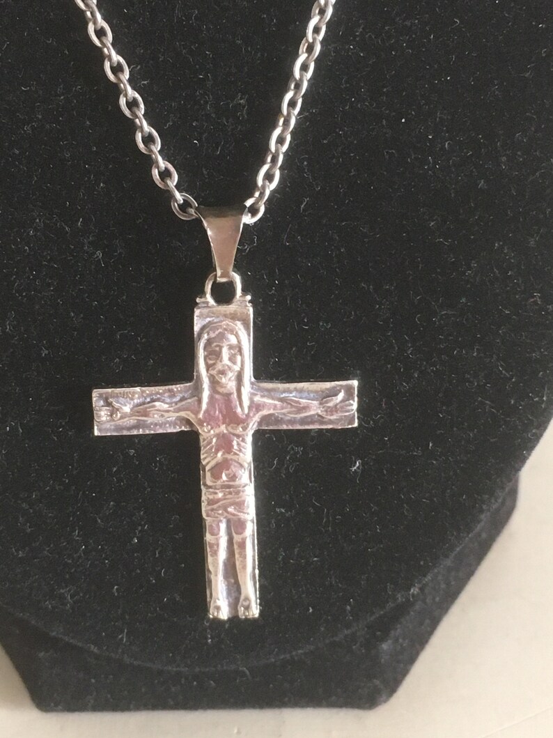 Greek Sterling Silver Artistic Cross with Long Chain. Vintage Unique Handmade Christian Cross. Rare Design Unisex Cross Pendant from Greece. image 5