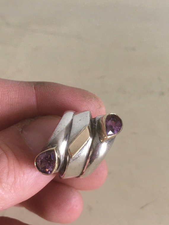 14K Gold, Silver 950 and Amethyst Ring. Robust St… - image 2