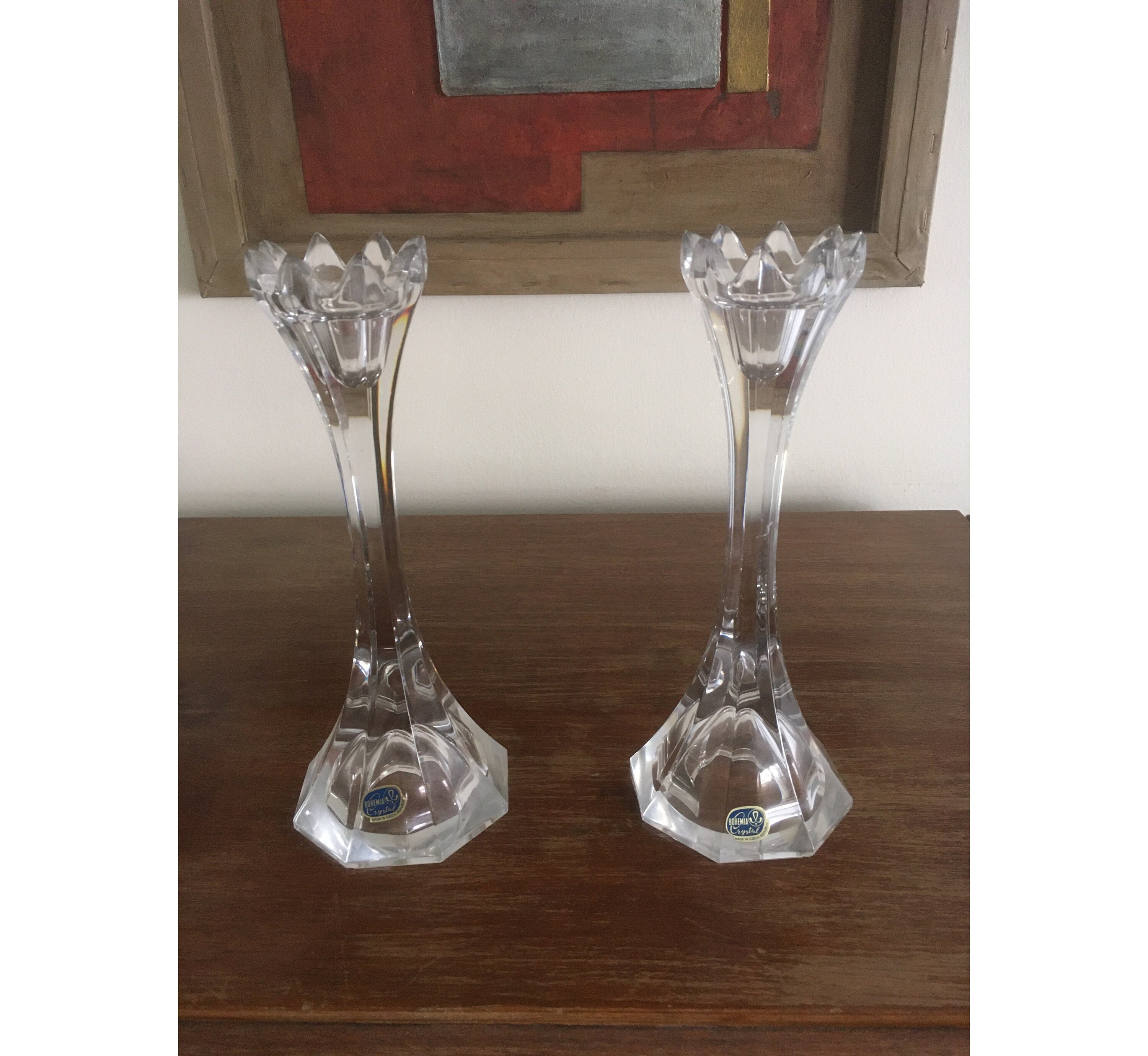 Bohemia Crystal Pair of Candlesticks. Hand Cut Lead Crystal Glass Candle Holders, made in Czech Republic. Vintage Candlestick Holders.