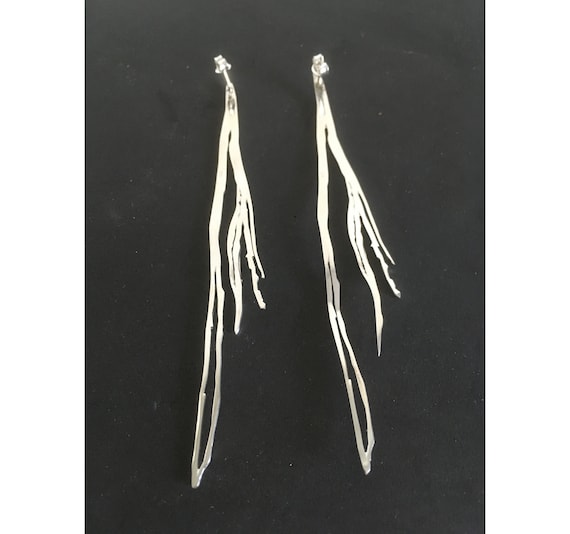 Sterling Silver 925 Long Earrings. Polished Silver Leaves Design Earrings.