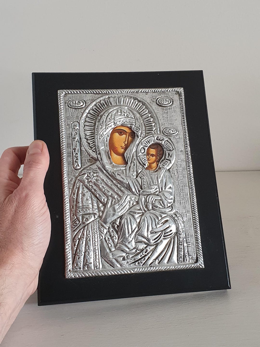 Vintage Greek Orthodox Silver Icon Virgin Mary Jesus Wall Plaque ...