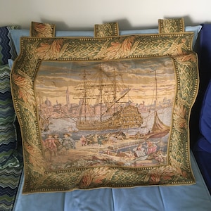 Vintage Hanging Wall Tapestry. Renaissance Theme Embroidery . 3 Mast Ship and People Harbor Scene. Big Needlework Wall Decoration .