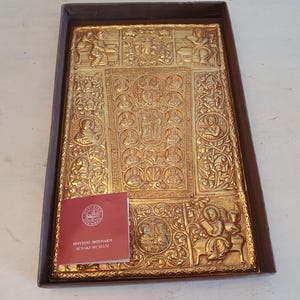 Benaki Museum Replica Gospel Cover, Gold Plated Relief Icon, Made in Greece, Religious Art Wall Plaque Signed by Sarakatsianos Ifantis.
