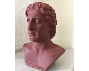 Alexander the Great Sculpture Statue. Handmade and Signed Greek Bust. Vintage Office and Home Art from Greece.