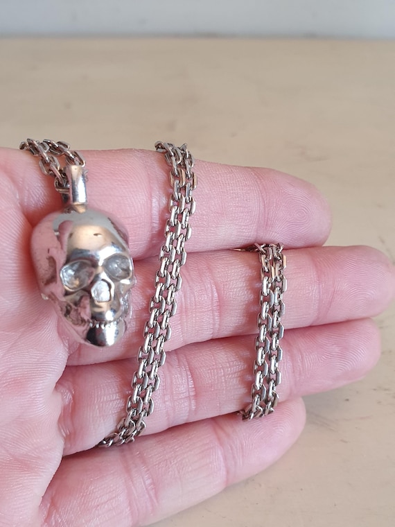 Solid Sterling Silver Skull Pendant Necklace, Hea… - image 1