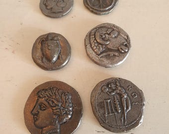 Conjunto de 6 réplicas de monedas griegas antiguas • Fundiciones de dos caras de calidad de museo • Bronce con pátina de plata • 17–26 mm