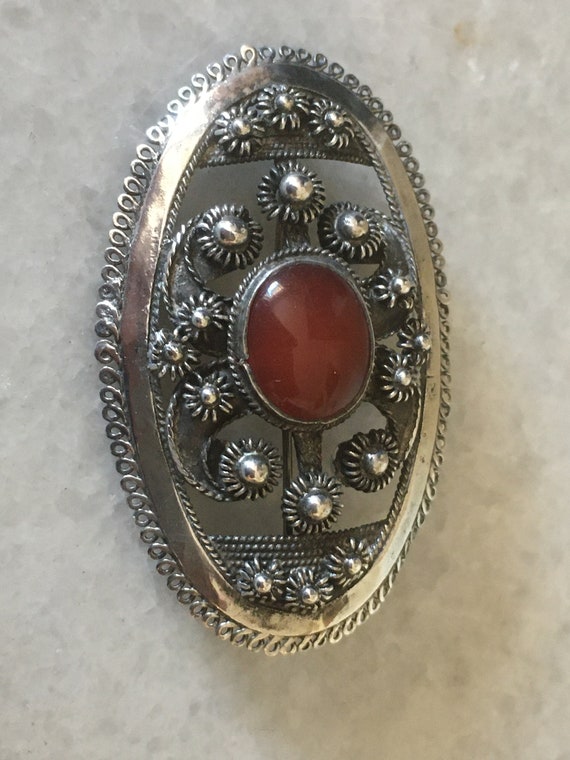 Silver Antique Oval Brooch. Caramel Tone semi tra… - image 5