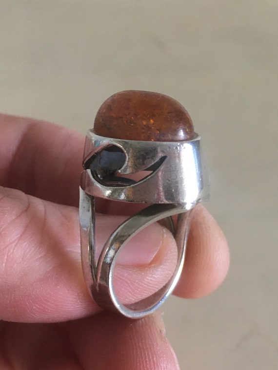 Sterling Silver and Amber Ring. Tall & Big Oval F… - image 4