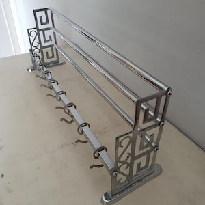 Vintage Chrome Wall Rack with Hooks and Greek Key Design, Mid Century Utensil or Towel Rail, 66 cm Wide