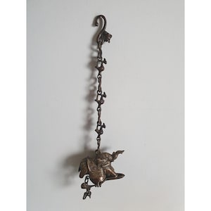 Hanging Mughal Deccani Bronze Oil Lamp with Elephant Design and Intricate Ornate Chain. Asian Ceremonial, Ethnic Decor. Weighing 1149 Grams.