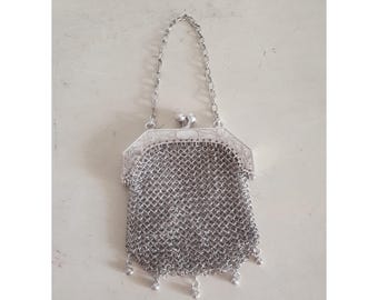 Antique Victorian Sterling Silver Mesh Coin Purse with Silver Handle, Floral Engraved Frame, Hallmarked, Circa 1890s, 49.9 grams