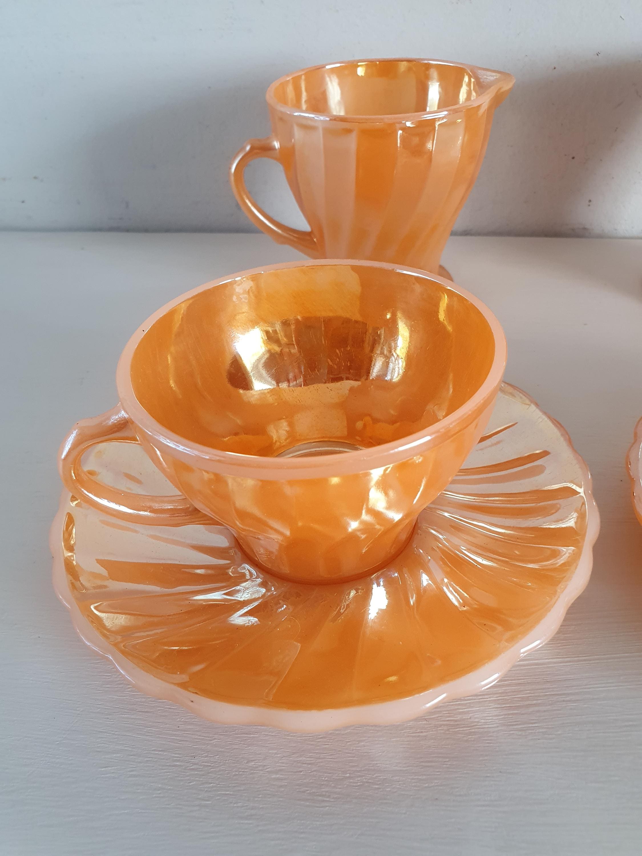 Vintage Anchor Hocking Suburbia Peach Luster Teacups Saucers and