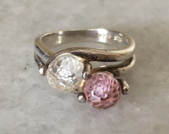 Follie Follie Silver Ring. Double Stone Sterling Silver Design Ring. Pink & White Transparent Faceted Stones Ring for Women.