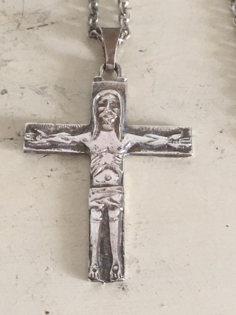 Greek Sterling Silver Artistic Cross with Long Chain. Vintage Unique Handmade Christian Cross. Rare Design Unisex Cross Pendant from Greece. image 3