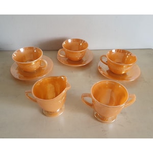 Vintage Fire-King Peach Luster Laurel Pattern Tea Set - 5 Pieces Including Cups, Saucers, Creamer, and Sugar Bowl - Made in USA 1950&#39;s.