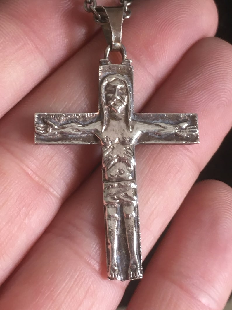 Greek Sterling Silver Artistic Cross with Long Chain. Vintage Unique Handmade Christian Cross. Rare Design Unisex Cross Pendant from Greece. image 6