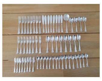Vintage 61-Piece Silver Plated Full Flatware Set for 8 by EPNS Sheffield England, Shell Art Deco Pattern, English Cutlery Serving Pieces.