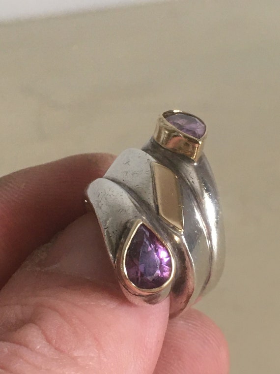 14K Gold, Silver 950 and Amethyst Ring. Robust St… - image 6