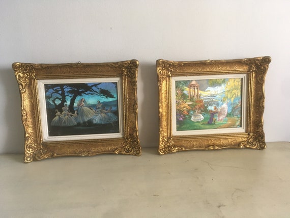 Noel Syers Vintage Pair of Paintings. Iridescent Effect Pearl Look Wall Art. Gilded wooden Framed Paintings. Dreamy Ballet Scenes Paintings.