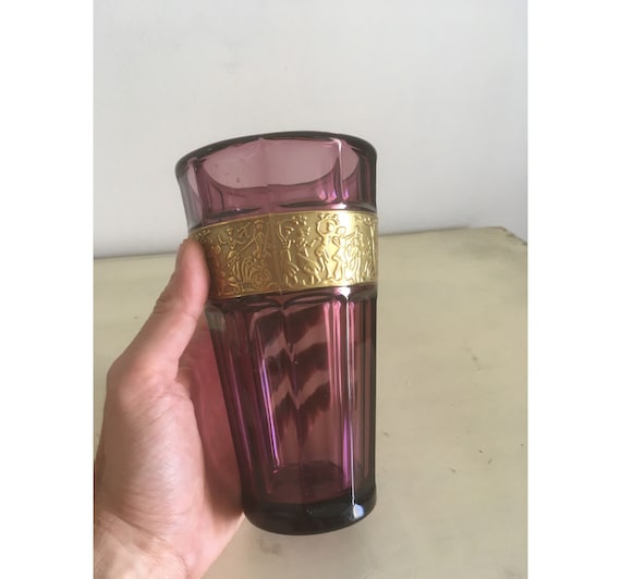 Moser Amethyst Purple Glass Tumbler Encircled With Wide Brass