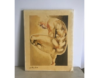 Dipinto originale firmato del 1949. Uomo nudo muscoloso, acrilico su tela tesa. Arte della parete d'epoca. 50X40 cm.