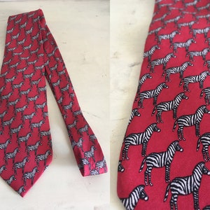 Beaufort The Rack Men&#39;s Zebras Print Tie. 100% Silk Vintage Estate Tie, made in Italy. Red Long Tie, Man Gift.