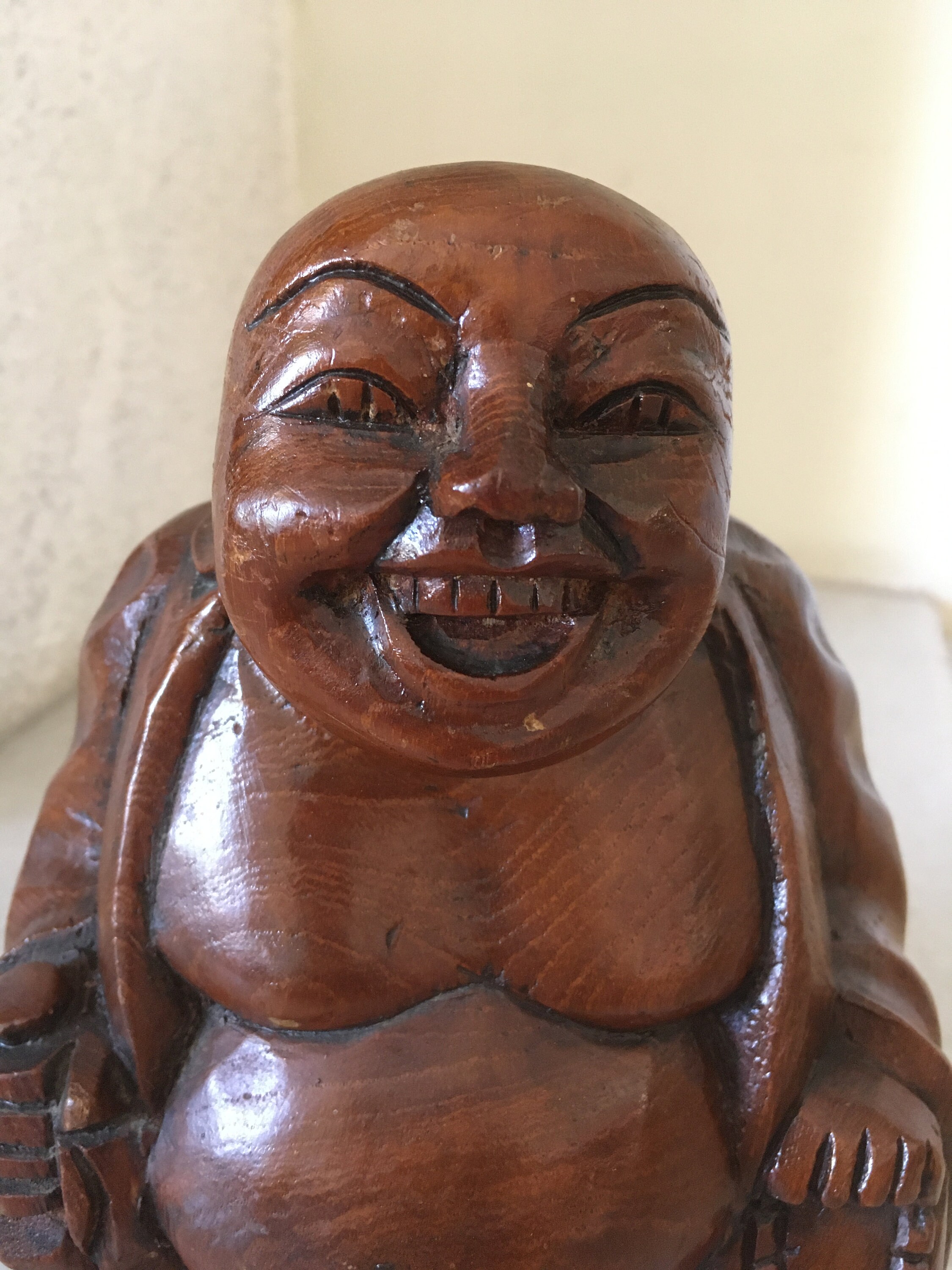 Bouddha rieur Statue en bois Feng Shui Trésor porte-bonheur Yuan