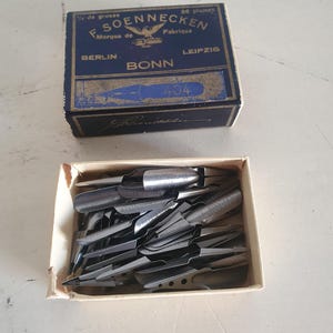 Vintage Soennecken No. 404 Dip Pen Nibs en caja original - Juego de 28 puntas de acero Dauer-Feder de Sonntag, Bonn Alemania
