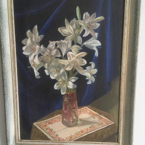 Stor originalmålning och signerad. Vintagemålning, akryl på duk, inramad från 1953. Vas med blommor, väggkonst. Signerad Zottas 1953. bild 3