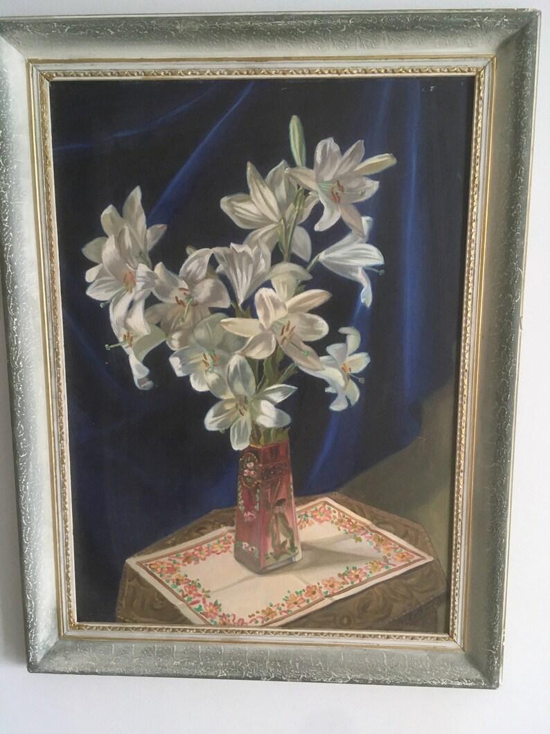 Stor originalmålning och signerad. Vintagemålning, akryl på duk, inramad från 1953. Vas med blommor, väggkonst. Signerad Zottas 1953. bild 3