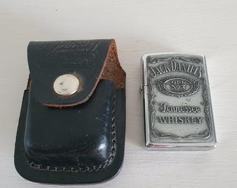 Zippo Jack Daniel’s Tennessee Whiskey Lighter with Leather Case | 2005 Collectible Chrome Windproof Lighter | Working Vintage Gift