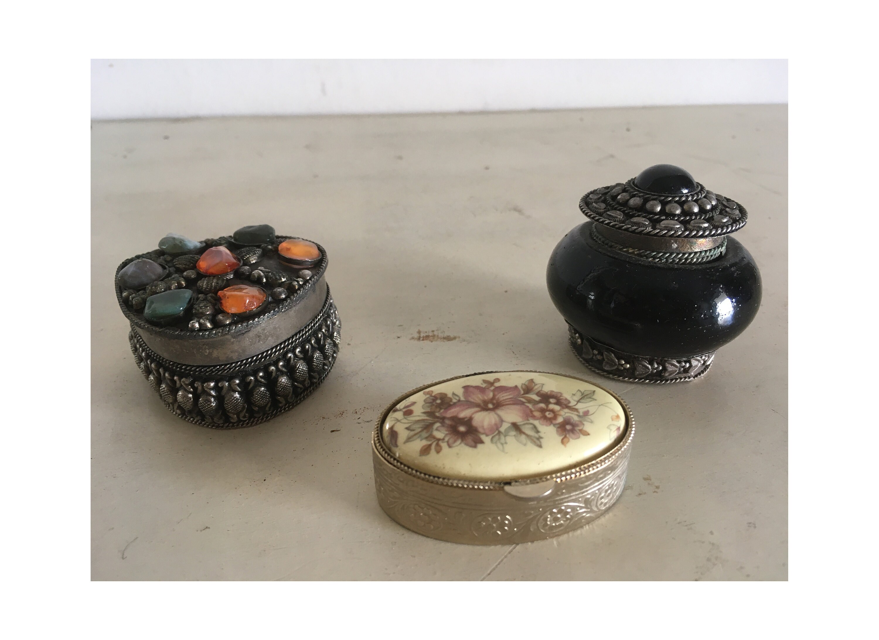 Lot of 3 vintage or antique, handcrafted ornate trinket boxes.