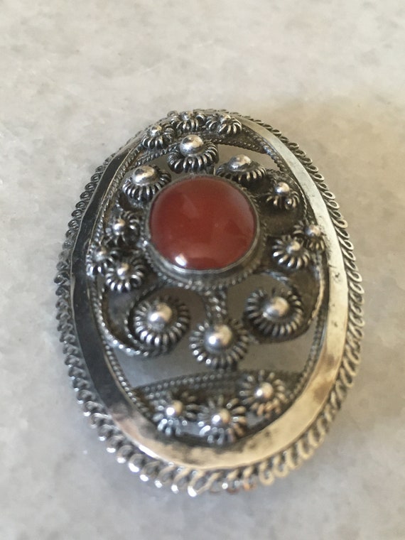 Silver Antique Oval Brooch. Caramel Tone semi tra… - image 4