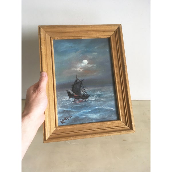 Seascape Original Signed Painting. Sailing Ship on a Turbulent Sea, Vintage Wall Art. Wooden Framed Painting, 35 X 26.5 cm.