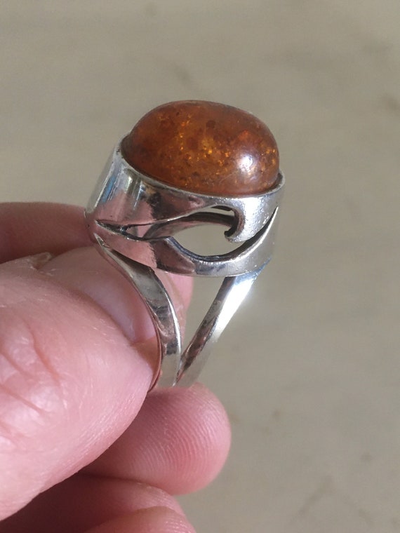Sterling Silver and Amber Ring. Tall & Big Oval F… - image 2