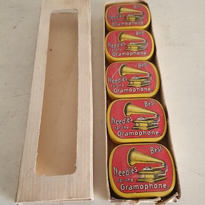 Vintage deutsche Grammophonnadeln 5er Set unbenutzt, in originalen Blechdosen, Grammophonnadeln von Anfang 1900, Sammlerstück und funktionsfähig.