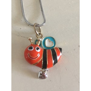 Happy Bee Charm Pendant. Galleria Signed Sterling Silver Hallmarked 925. Enameled Bee with Hearts Pendant with Silver Chain for Girls/Women