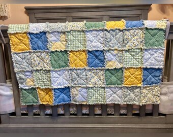 Floral Blue, Green, Yellow Boho Rag Quilt