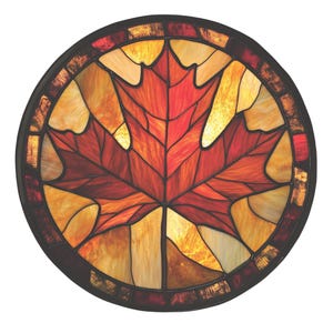 May include: A stained glass window depicting a red, orange and yellow maple leaf. The leaf is surrounded by a dark brown frame with a decorative border of red, orange and yellow glass pieces.