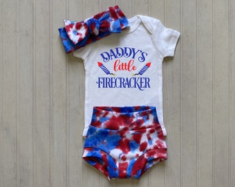 Fourth of July baby girl outfit, God bless America outfit, Preemie 4th of July outfit, Firework bummies, Summer baby girl clothes