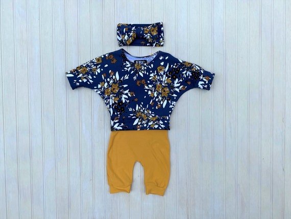 Blue and Yellow Floral Baby Outfit New Baby Girl Gift Preemie