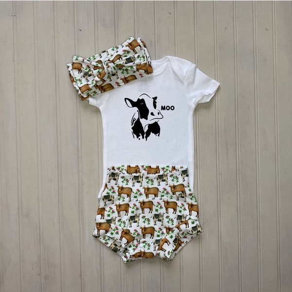 Cow girl outfit, Cow onesie, Cow shorts, Cow bummies, Animal bummies, Animal girl outfit, preemie girl outfit, New to the herd, Moo onesie
