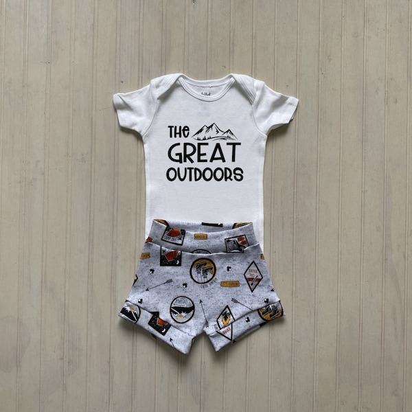 The great outdoors baby outfit, Boy scout shorts, Camping baby outfit, Mountain baby, Happy camper baby, Little adventurer onesie